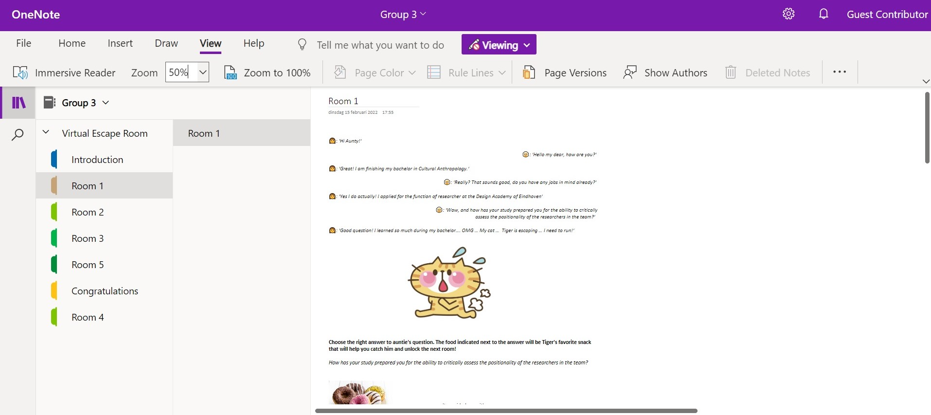 One of the escape rooms created by the students in OneNote (Room 1)
